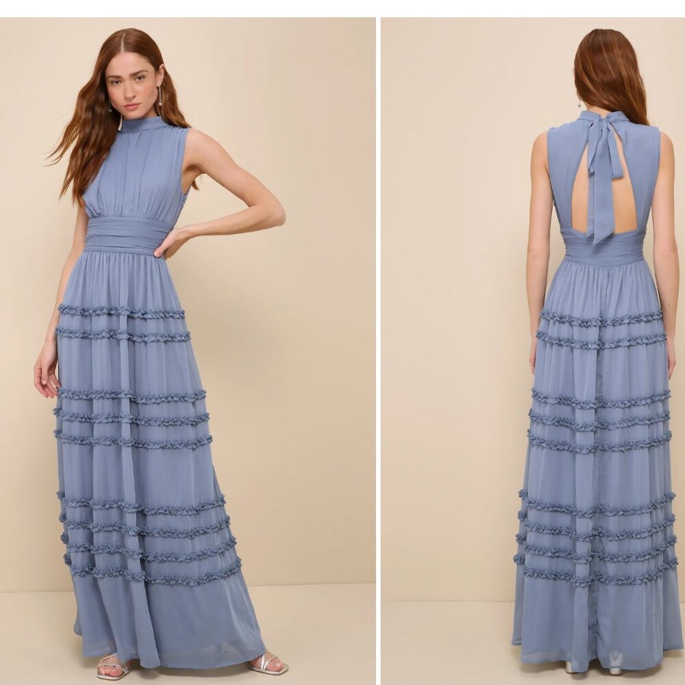 Lulus Enchantingly Sweet Slate Blue Chiffon Backless Maxi Dress